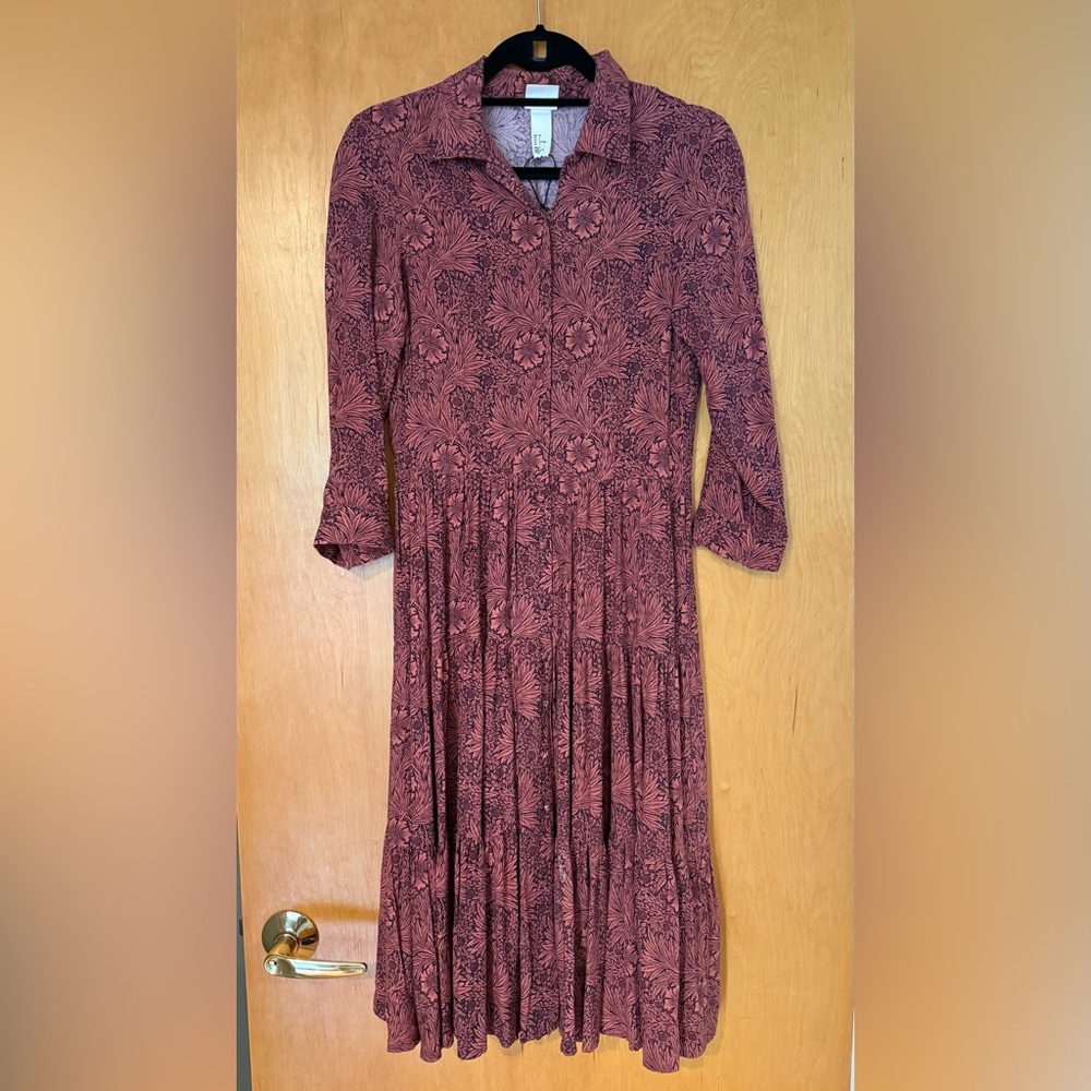 Morris & Co X H&M: Floral Long Sleeve Dress - Burnt Pink/Orange & Black